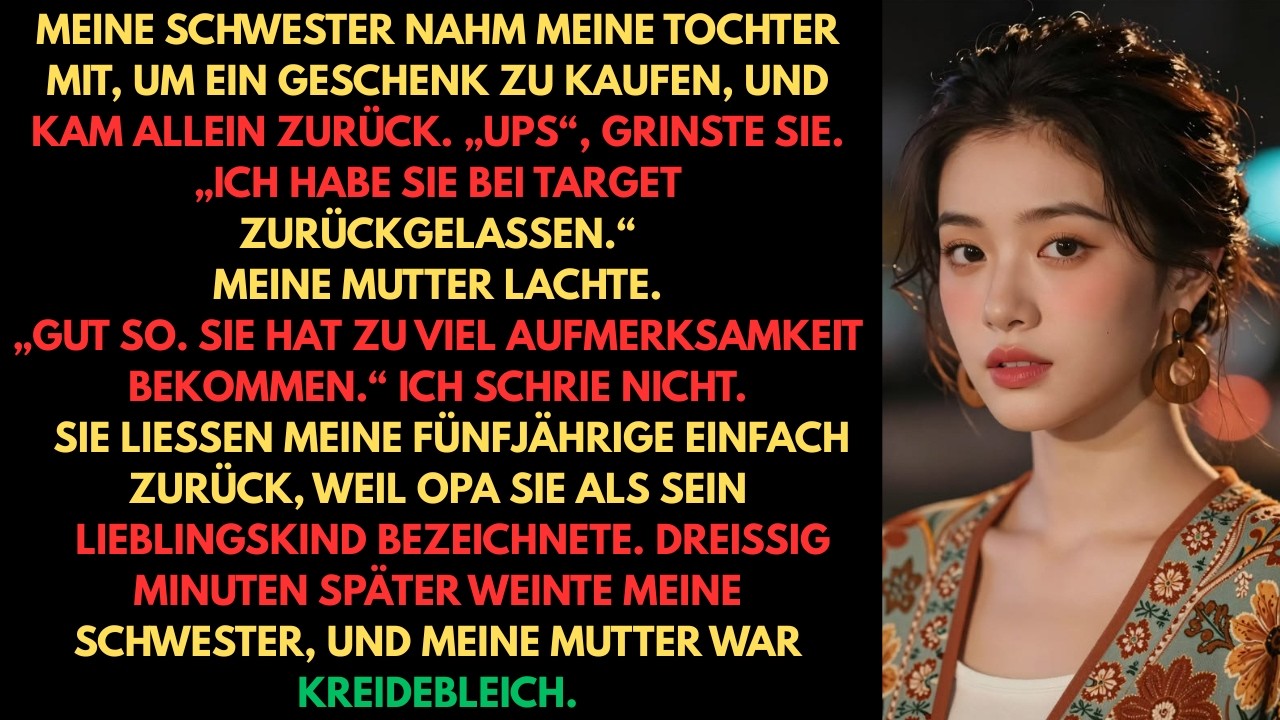 Mijn zus kwam terug van Target met een lege tas en een glimlach. "Oeps, ik ben Ellie vergeten." Mijn vijfjarige dochter zat daar helemaal alleen, terwijl mijn moeder lachte en zei: "Misschien...