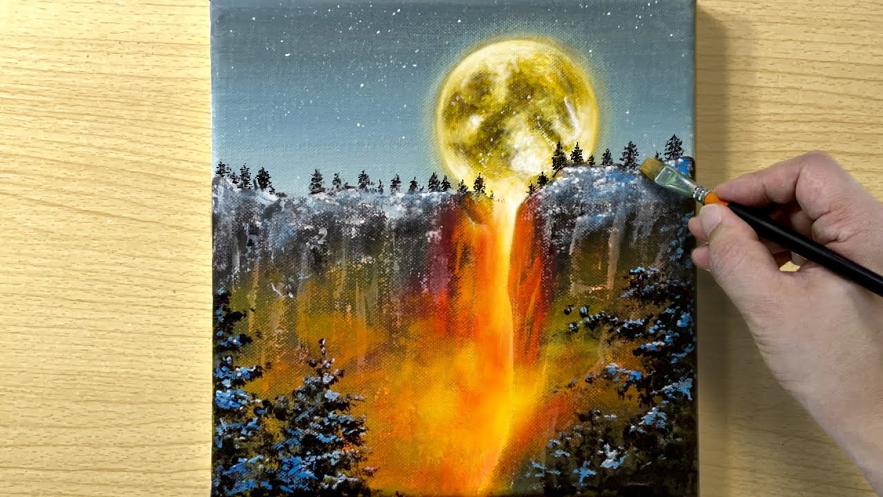 Full Moon Waterfall Painting / Acrylic Painting / STEP by STEP #214 보름달 폭포 아크릴화