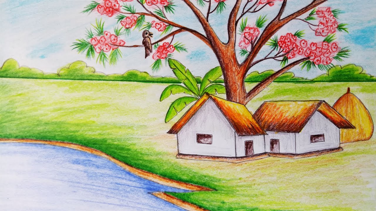 How to draw scenery of Spring season.Step by step(easy draw) YouTube