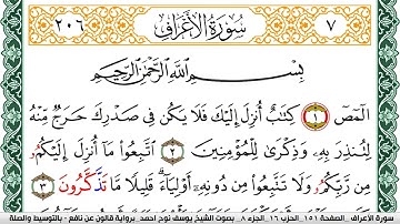 سورة الأعراف مكتوبة يوسف نوح احمد Surah Al Aaraf برواية قالون عن نافع بالتوسيط والصلة