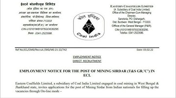 Eastern Coalfield ECL Mining Sirdar Online Form 2022 | ECL Mining Sirdar Recruitment Online Form