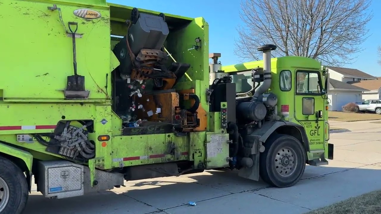 GFL Environmental’s CNG Peterbuilt 520 Labrie Expert picking up recycling Part 2.