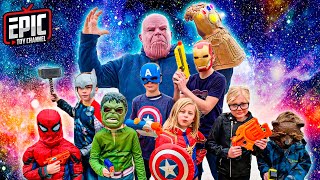 Nerf War: Avengers Hero Kids Battle Thanos - Pretend Play