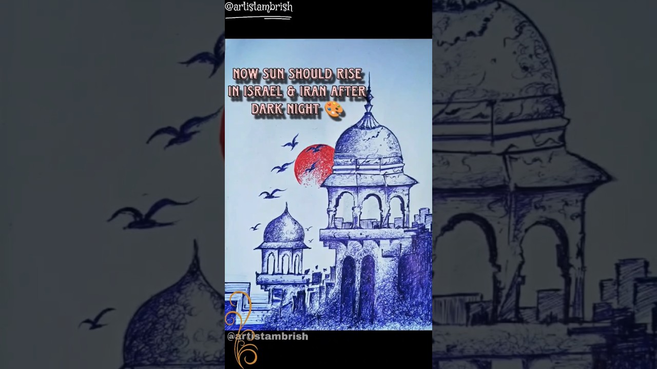 Sunrise with temple easy drawing 