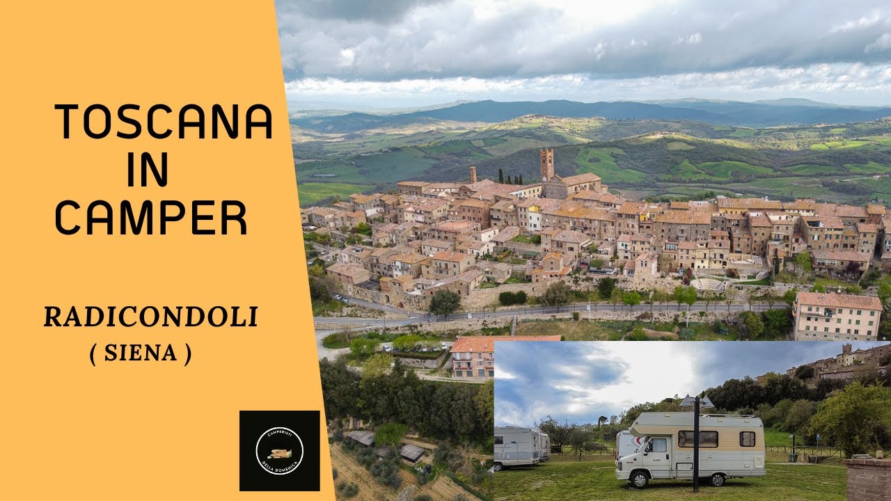 Area sosta camper gratuita a Radicondoli (Siena). Borgo medievale nelle colline toscane.
