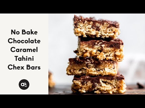 No Bake Chocolate Caramel Tahini Chex Bars