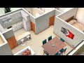 Planta 3D de Casa simples com dois Quartos e Cozinha Americana