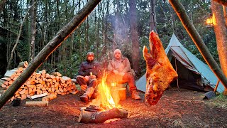 Teepee Wild Camp With Hung Roast Lamb Leg