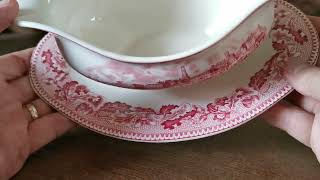 Johnson Bros Red and White China Historic America New Orleans Gravy Boat with Fixed saucer
