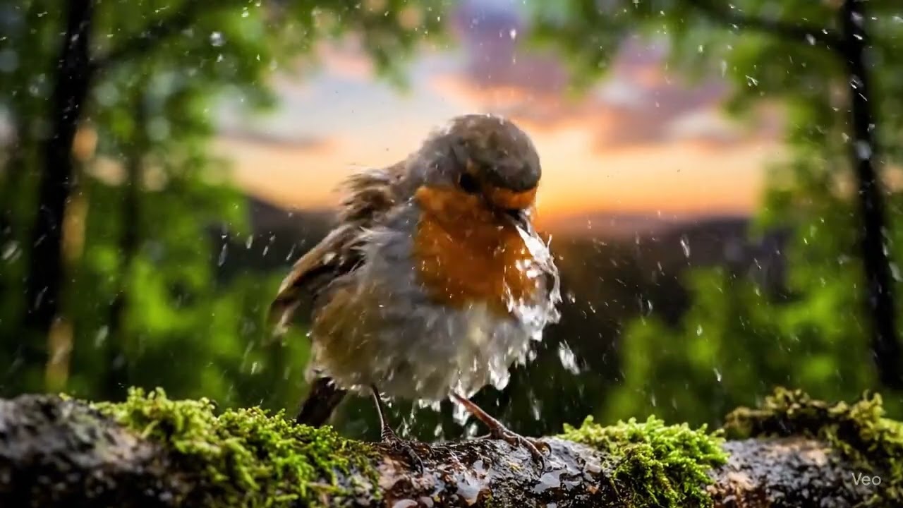 Cute Bird in Rain | Slow Motion Head Shake & Water Splash | 8K Cinematic Nature Video