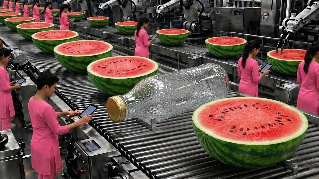 Inside a Modern Watermelon Processing Plant: Whole Melons to Sweet Red Juice!