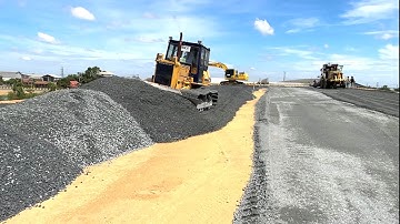 Perfect Connecting Road With Bridge Construction KUMATSU Bulldozer & Motor Grader Spreading Gravel