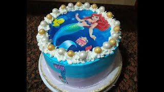 تزيين تورته بالكريمه بطريقه سهله ووضع صوره غذائية عليها شوجر شيت little mermaid cake decorating screenshot 5
