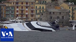 Damaged yachts at Rapallo port, Italy after stormy night