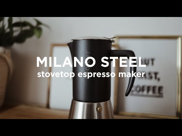 GROSCHE Milano Steel Stainless Steel Stovetop Espresso Maker Moka Pot 6  Espresso Cup size 9.3oz, Black