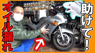 エンジンからオイルがダダ漏れ! ８万キロ走行のZZR250がやってきた！≪ふかっちゃんと遊ぼう≫ オイル漏れ 修理 メンテナス