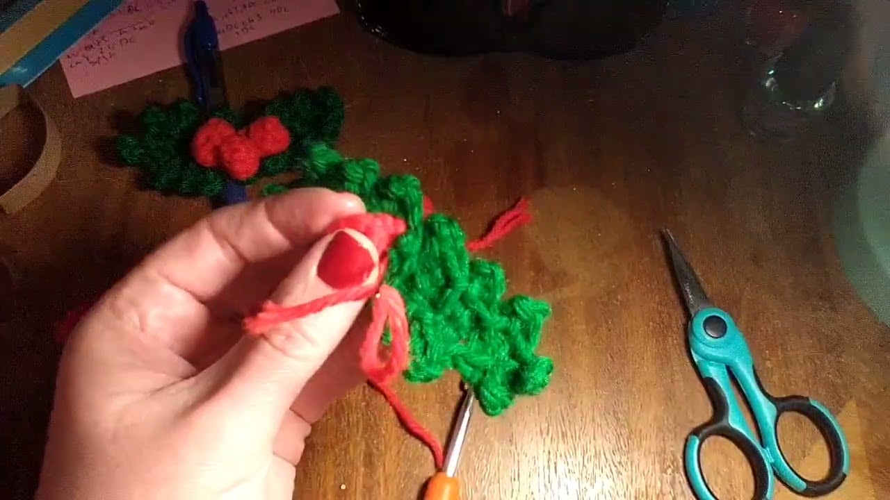 crochet holly hair accessory or pin