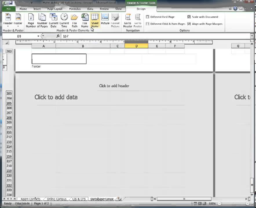 Excel 2010 - How to Insert Page Number and Sheet Name in ...