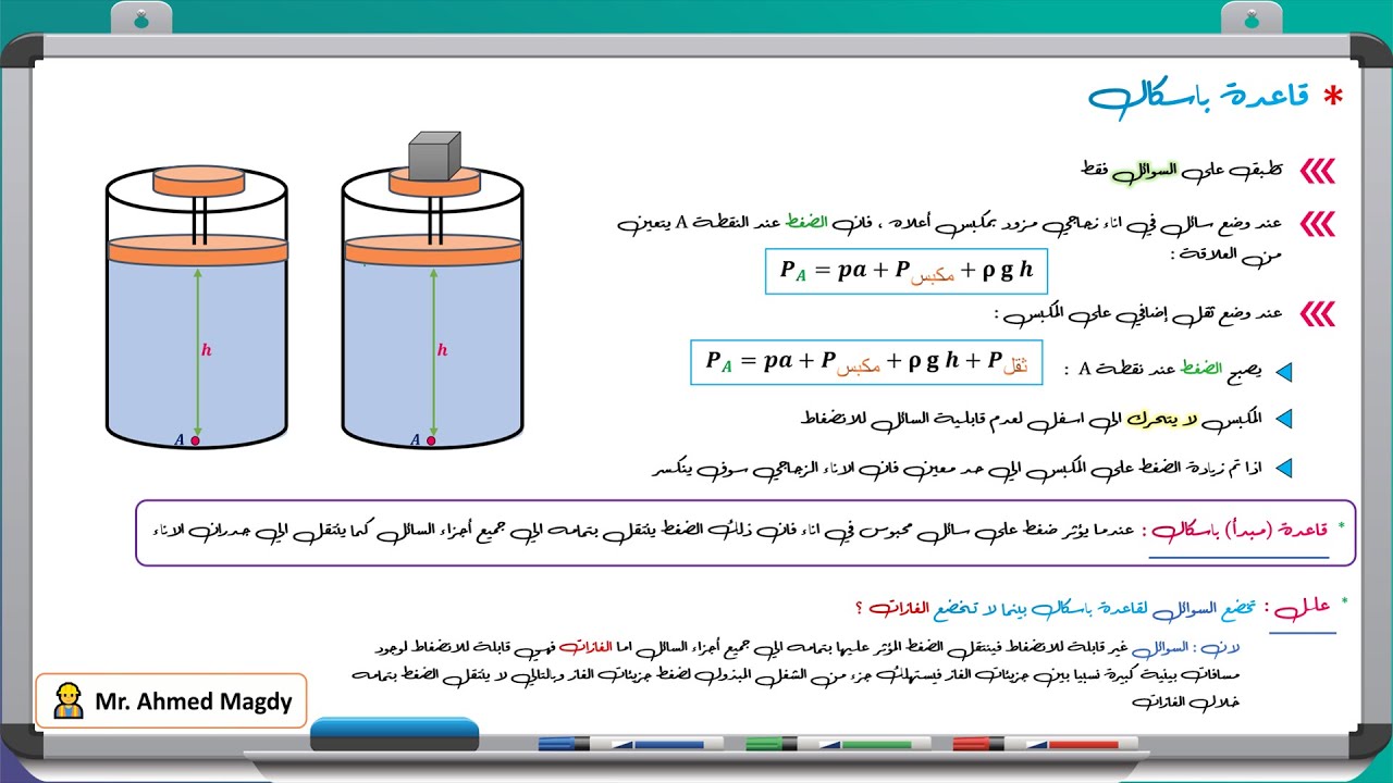 فيزياء تانية ثانوي || ترم تاني || 10- قاعدة باسكال (المكبس الهيدروليكي)