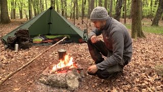 Solo Overnight Camping - Tipi Tarp Shelter, Campfire, Grill Cooking, Knife work