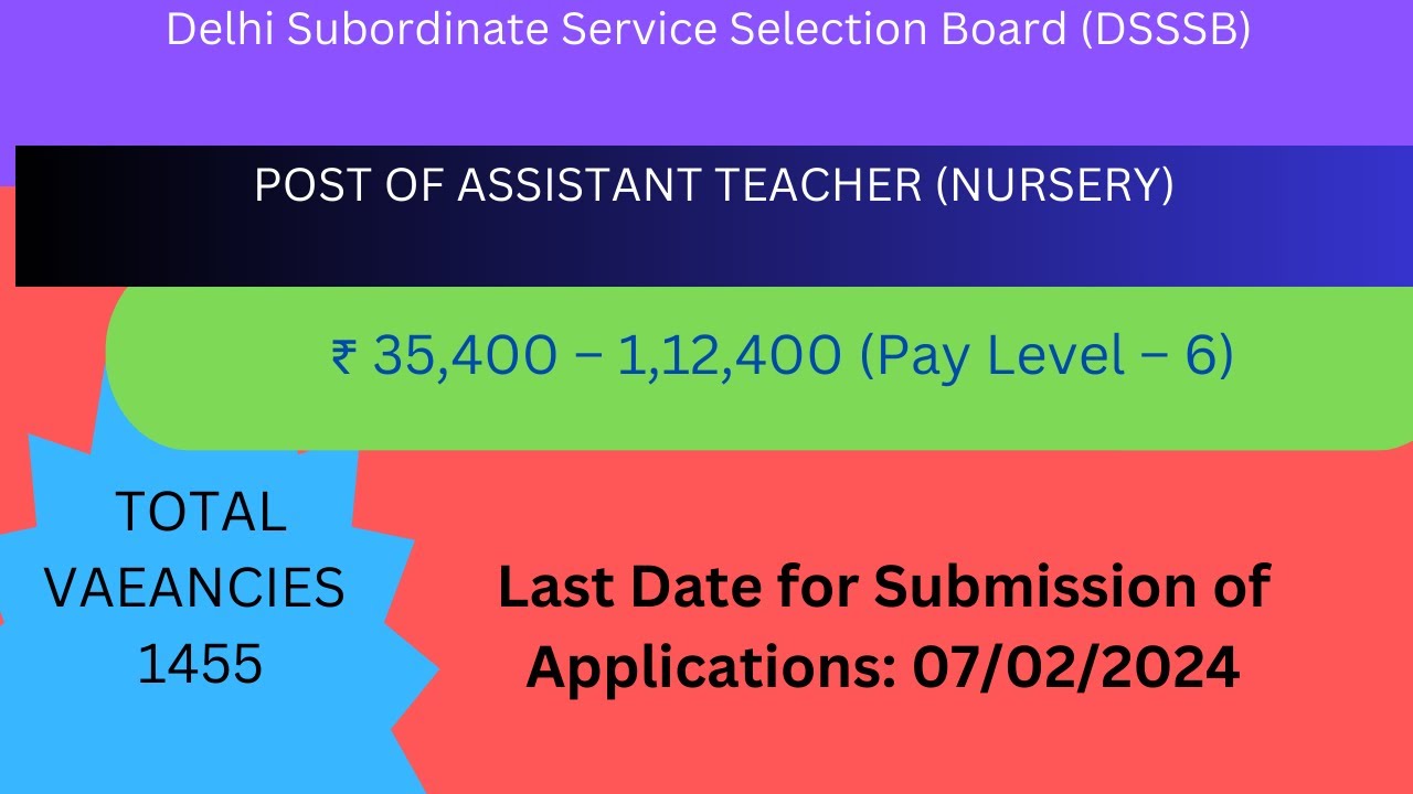 Delhi Subordinate Services Selection Board | POST OF ASSISTANT TEACHER (NURSERY) | total posts 1455