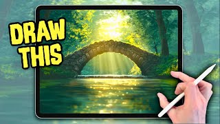 EASY PROCREATE Landscape Drawing Tutorial - Spring Bridge