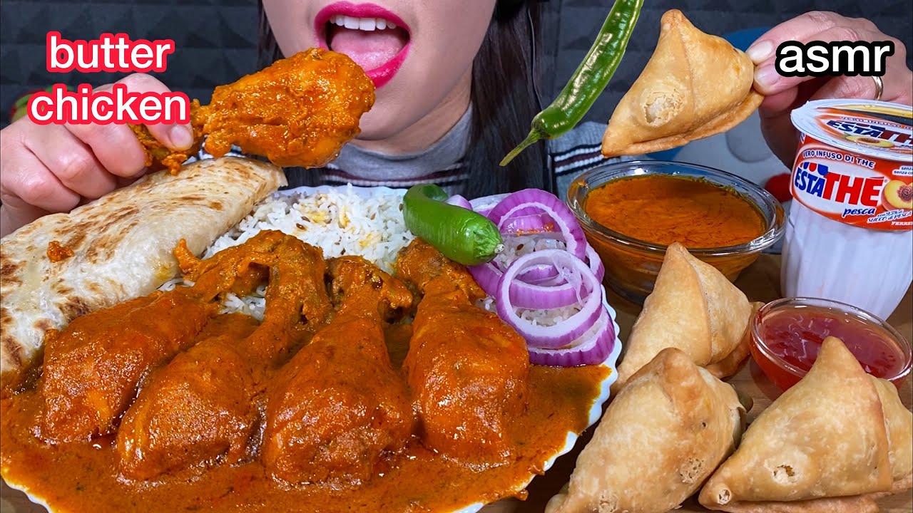ASMR BUTTER CHICKEN, JEERA RICE, SAMOSA, PARATHA, CHILI MUKBANG MASSIVE Eating Sounds