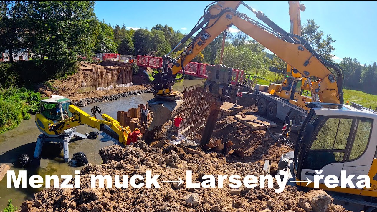 Práce na vodě! Menzi muck v řece a usazování larsenů (štětovnic)