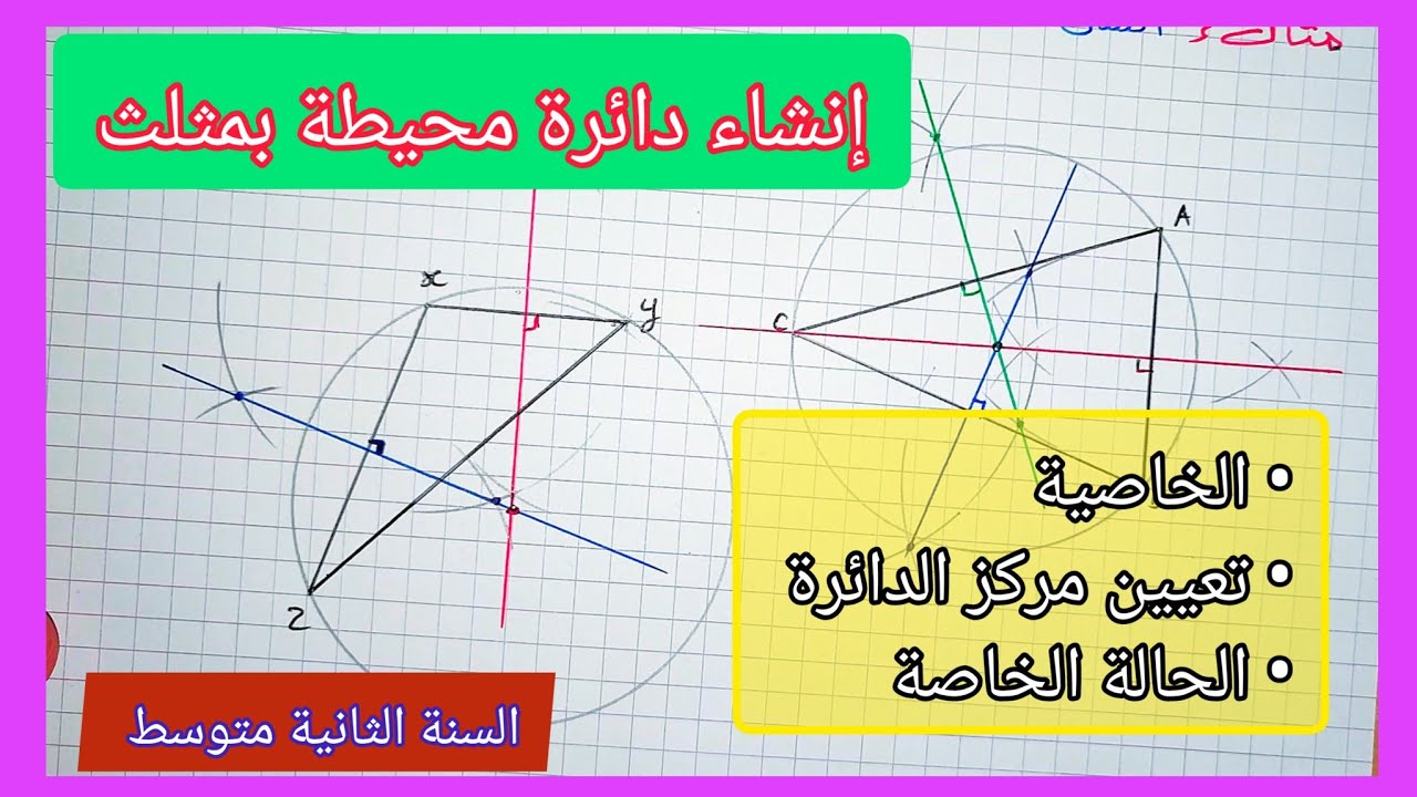 إنشاء دائرة محيطة بمثلث درس تطبيقي مع كل الحالات الممكنة