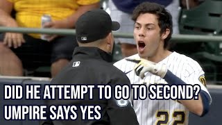 Ump says Yelich attempted to go to second and calls him out, a breakdown