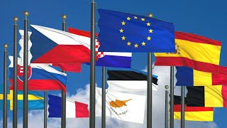 European Union Flags waving in Dynamic animation