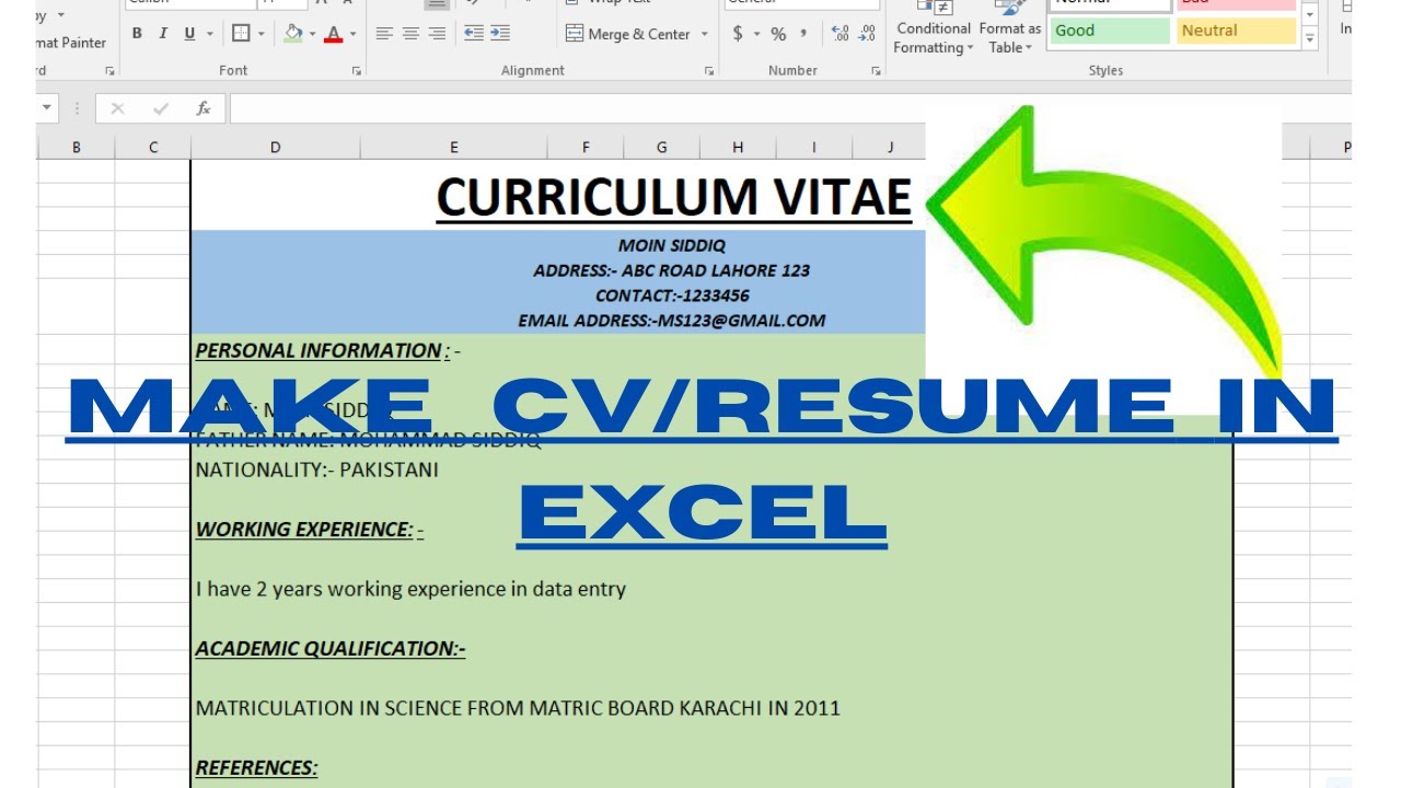 how to make resume in excel format