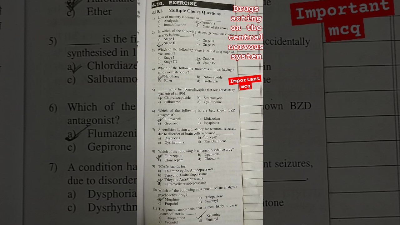 important mcq of drugs acting on the central nervous system