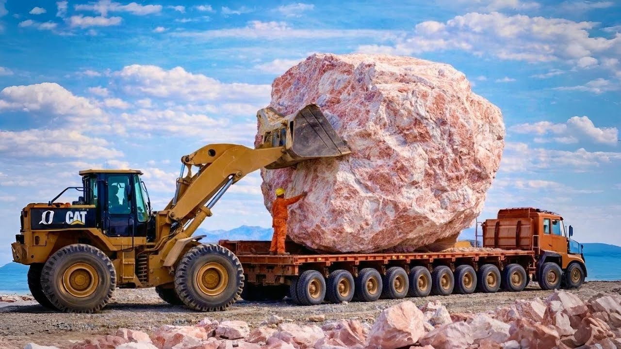 Extreme Giant Marble Rock Transport by Heavy Loaders on Mountain Road
