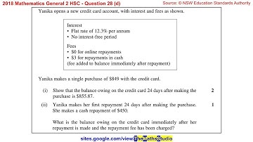 2018 Maths General 2 HSC Q28d Find balance owing on credit card given details on statement