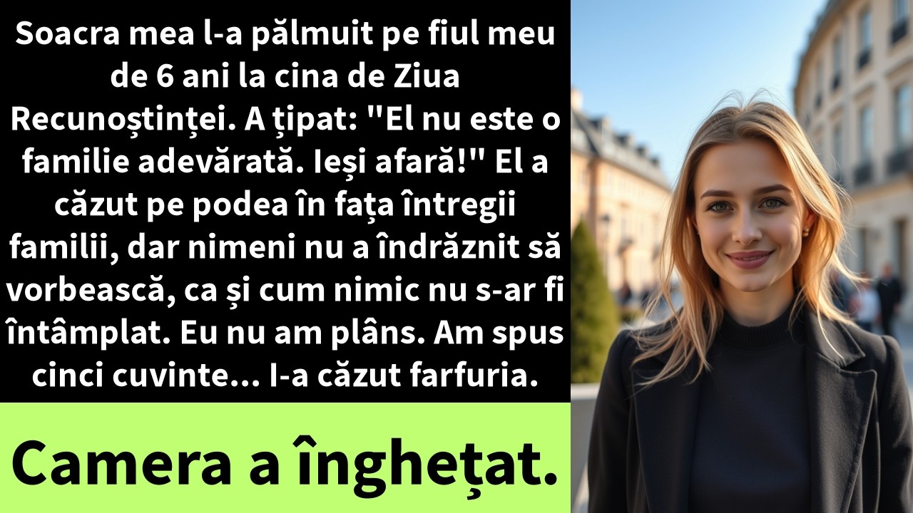 Cu farfuria din porțelan în mâini, soacra mea tocmai îl pălmuiște pe fiul meu de șase ani la masa de Ziua Recunoștinței. A țipat că nu face parte din familia „adevărată” și i-a ordonat să iasă...