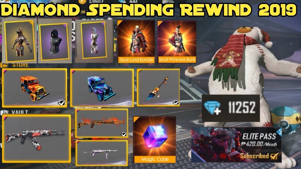 Steven Noob Diamond Spending Highlights Rewind 2019 / Free Fire Rare Skin Bundles, Gun Skin, Etc.