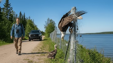 Man Rescues a Mother Bald Eagle Caught on a Fence – Her Chick Waits Below