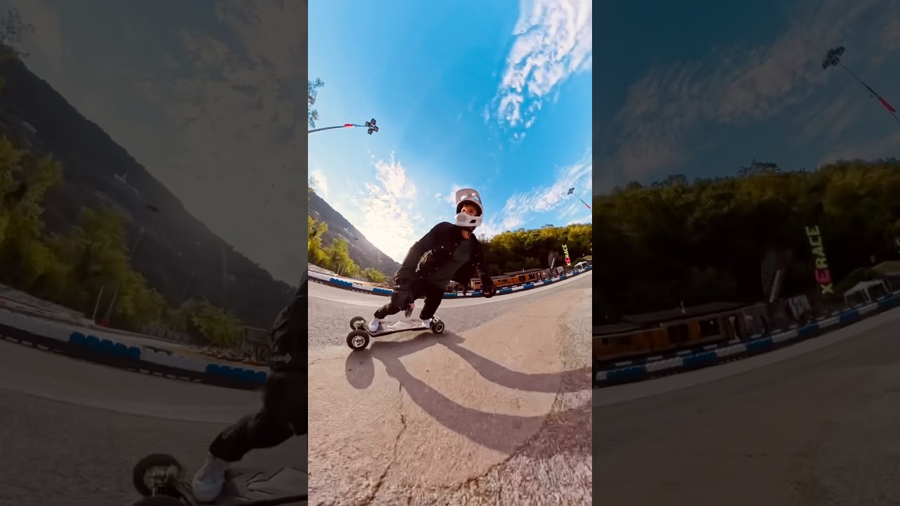 Rider su un longboard elettrico ONSRA VELAR sulla pista di kart della gara xErace di Chiavari, anteprima del video
