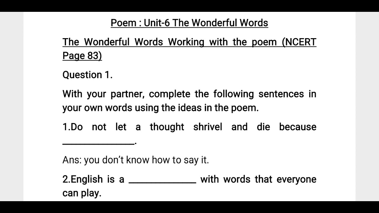 Poem The Wonderful Words Question Answer Class 6 English Book Back 