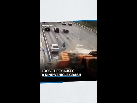 Loose tire rolling down on motorway causes nine-vehicle pile-up