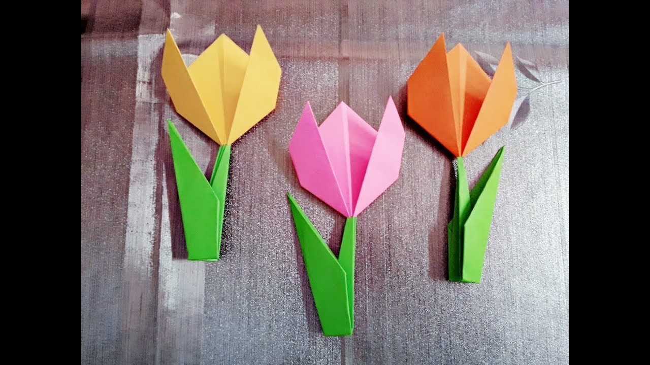 How to make a paper tulip flower with stem & leaf ll Origami tulip