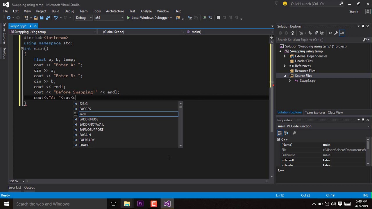Swapping using temp variabe in C++ - YouTube