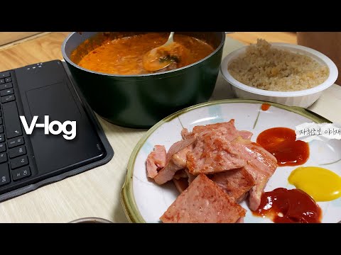 [브이로그] 삶이 지칠 때는 자취 정식으로 기운 차리기  | 자취정식, 돈까스, 푸라닭 블랙마요