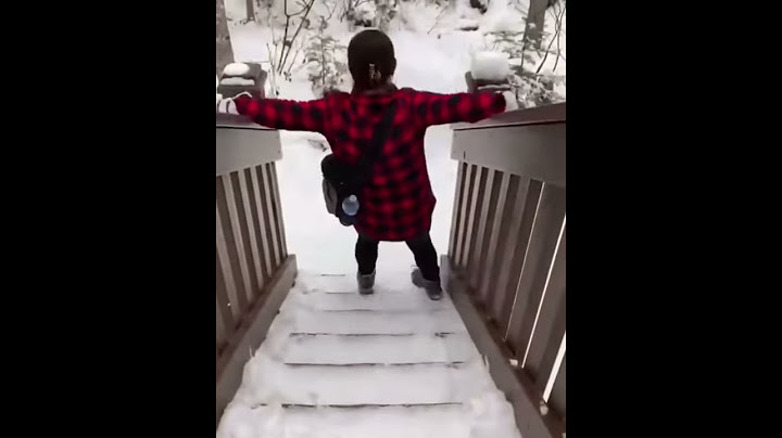 Woman warns about the stairs being slippery from the snow and ice, then she slips herself.