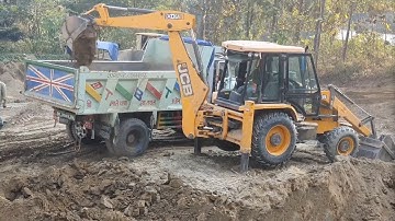 JCB Backhoe Collecting Soil and Loading in Dump Truck - Tractor Carrying Soil - JCB Tractor Video