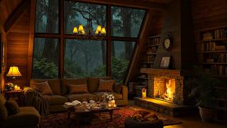 4K Forest Rainy Night | Cozy Cabin with Soft Jazz, Gentle Rain & Crackling Fireplace for Deep Sleep screenshot 1