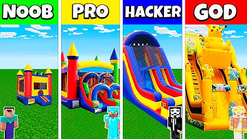 BOUNCY CASTLE HOUSE BASE BUILD CHALLENGE - Minecraft Battle NOOB vs PRO vs HACKER vs GOD / Animation