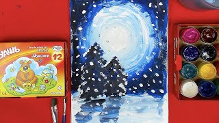 картинка: Зимний пейзаж - рисуем дома для детей