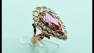 18KT red gold ring with old cut diamonds and kunzite stone handmade